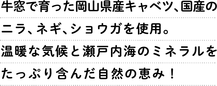 牛窓で育った岡山県産キャベツ、国産のニラ、ネギ、ショウガを使用。温暖な気候と瀬戸内海のミネラルをたっぷり含んだ自然の恵み！
